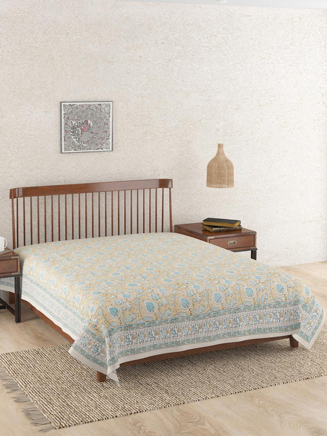 

Fabindia Beige & Blue Floral Hand Block Printed Cotton King Size Bed Cover