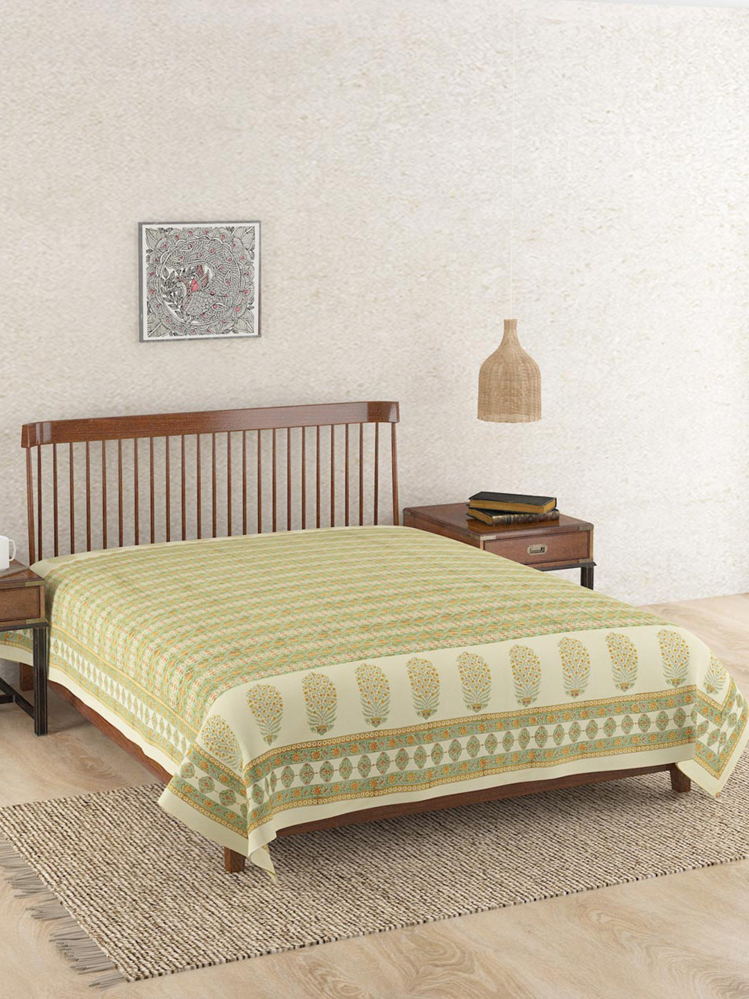 

Fabindia Beige & Green Ethnic Motifs Printed Cotton Double Bed Cover