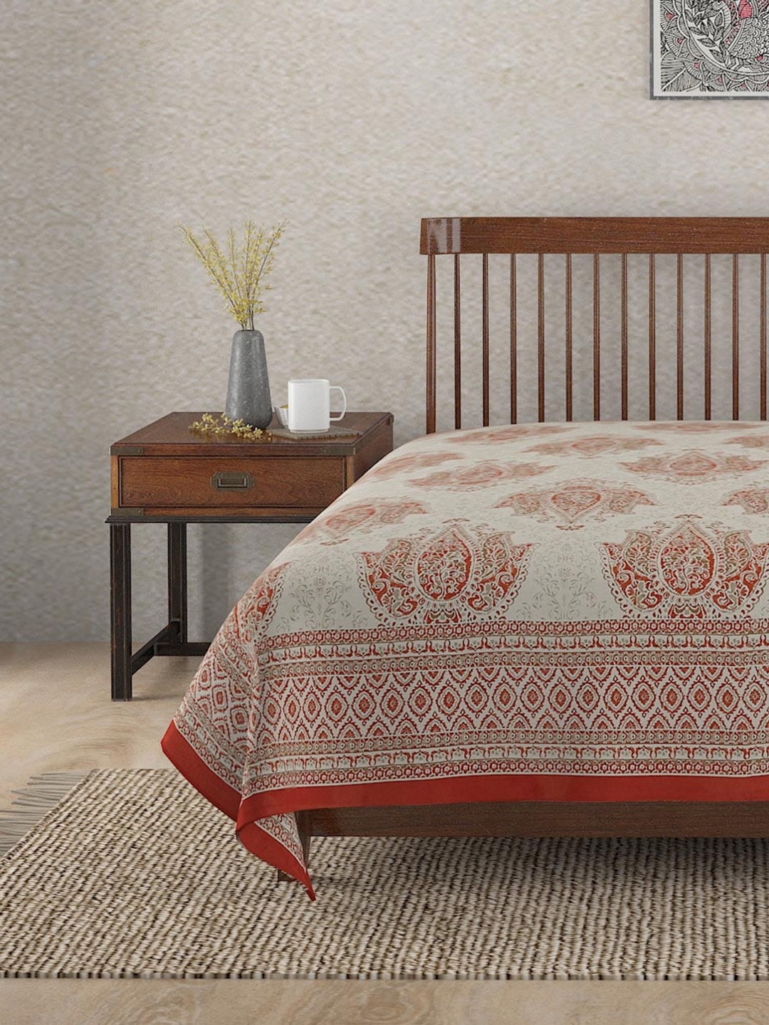 

Fabindia Mirale Off-White & Red Printed Cotton Double Bed Cover