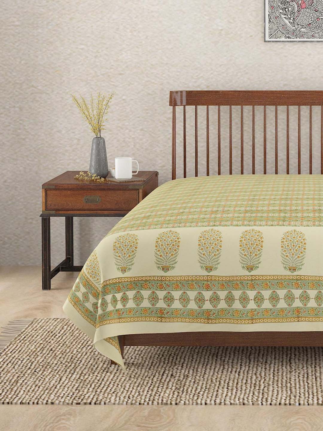 

Fabindia Beige & Sea Green Ethnic Motifs Printed Cotton King-Size Bed Cover