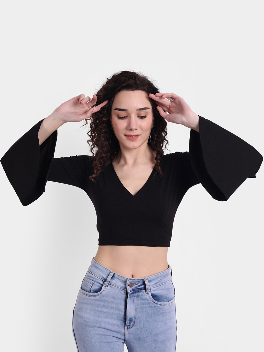 

COLOR CAPITAL Flared Sleeve Crop Top, Black