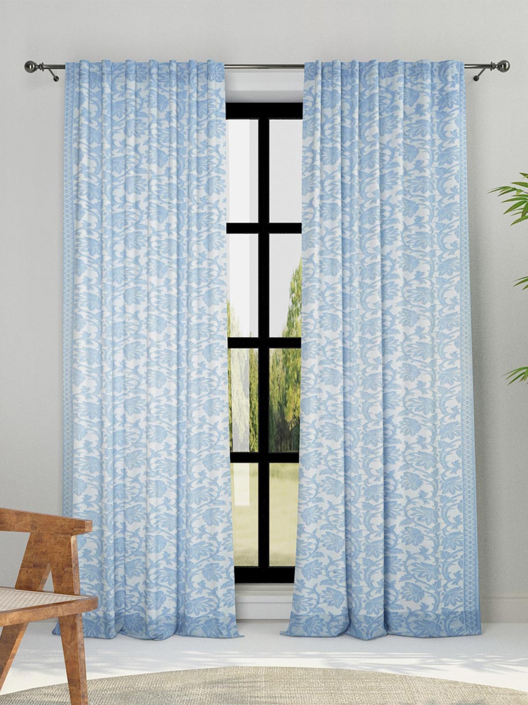 Fabindia Coramandel Blue & White Floral Cotton Room Darkening Window Curtain