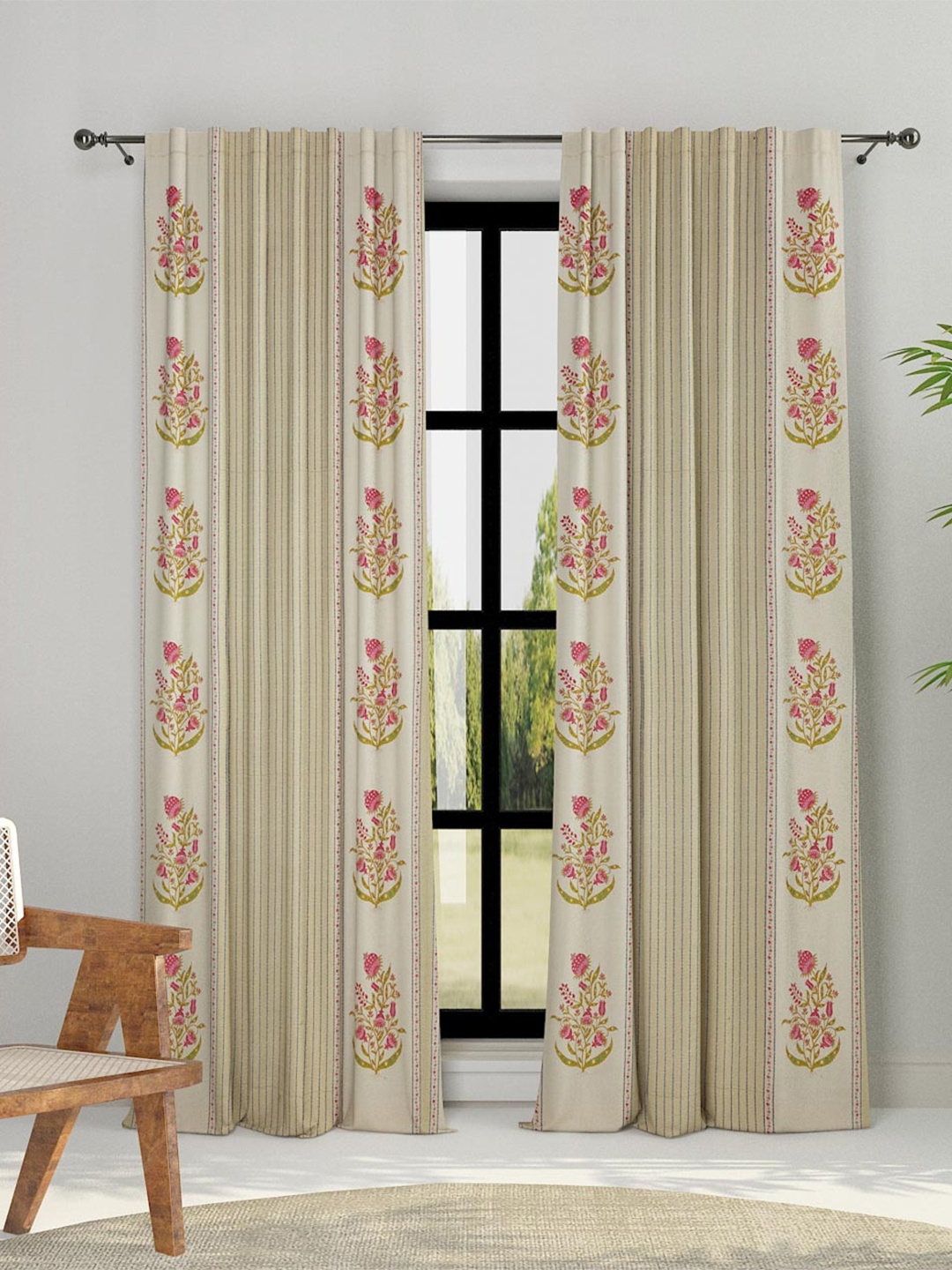 

Fabindia Rasika Green & Pink Floral Cotton Sheer Door Curtain