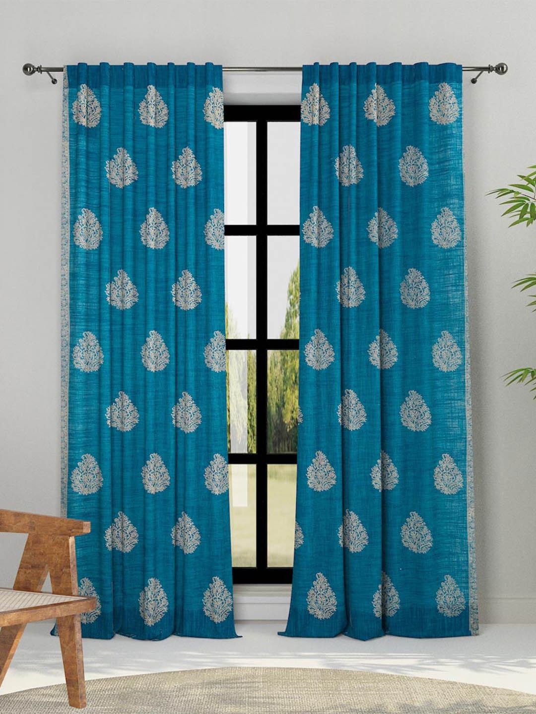 

Fabindia Blue & White Ethnic Motifs Sheer Long Door Curtain