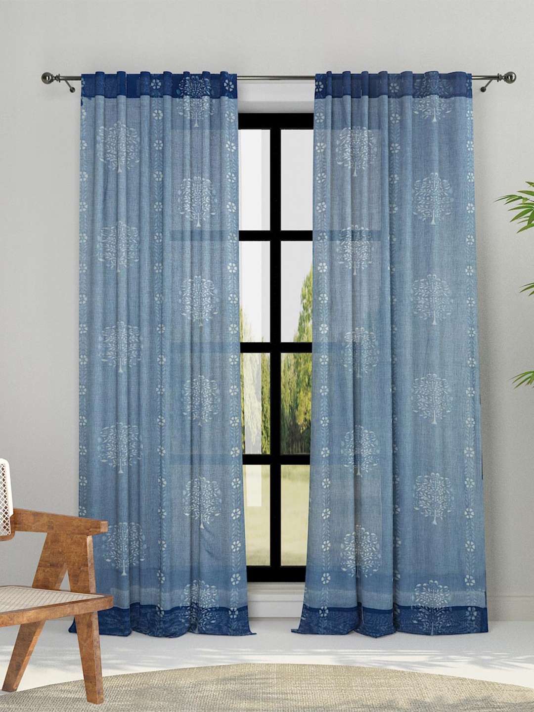 

Fabindia Blue & White Floral Sheer Door Curtain
