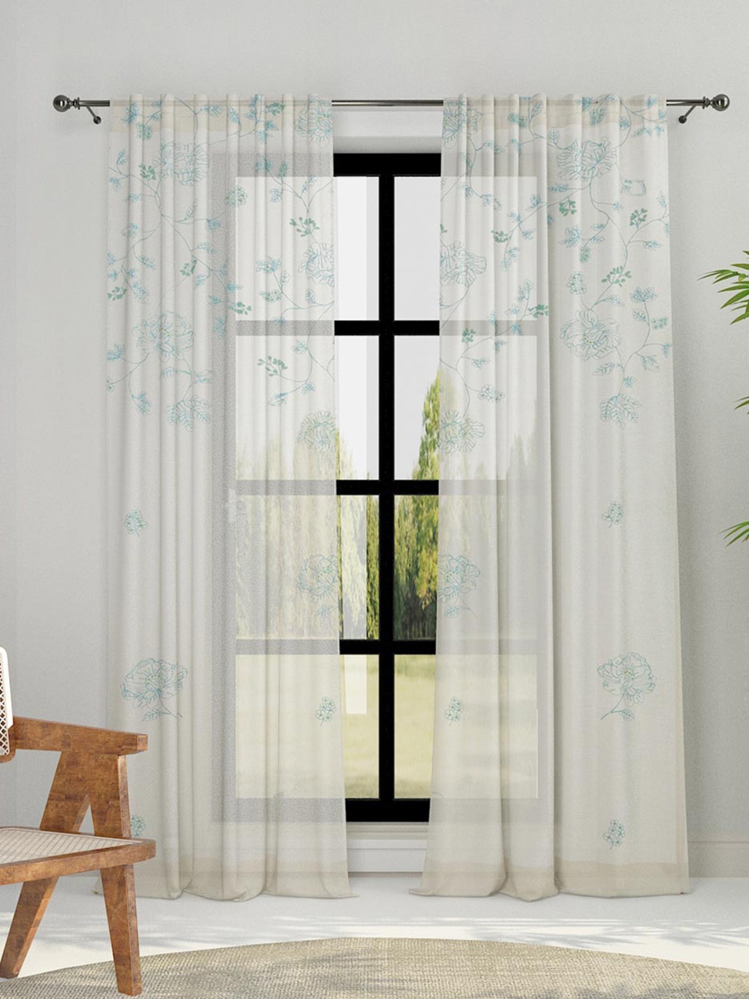 

Fabindia Blue & White Embroidered Sheer Long Door Curtain