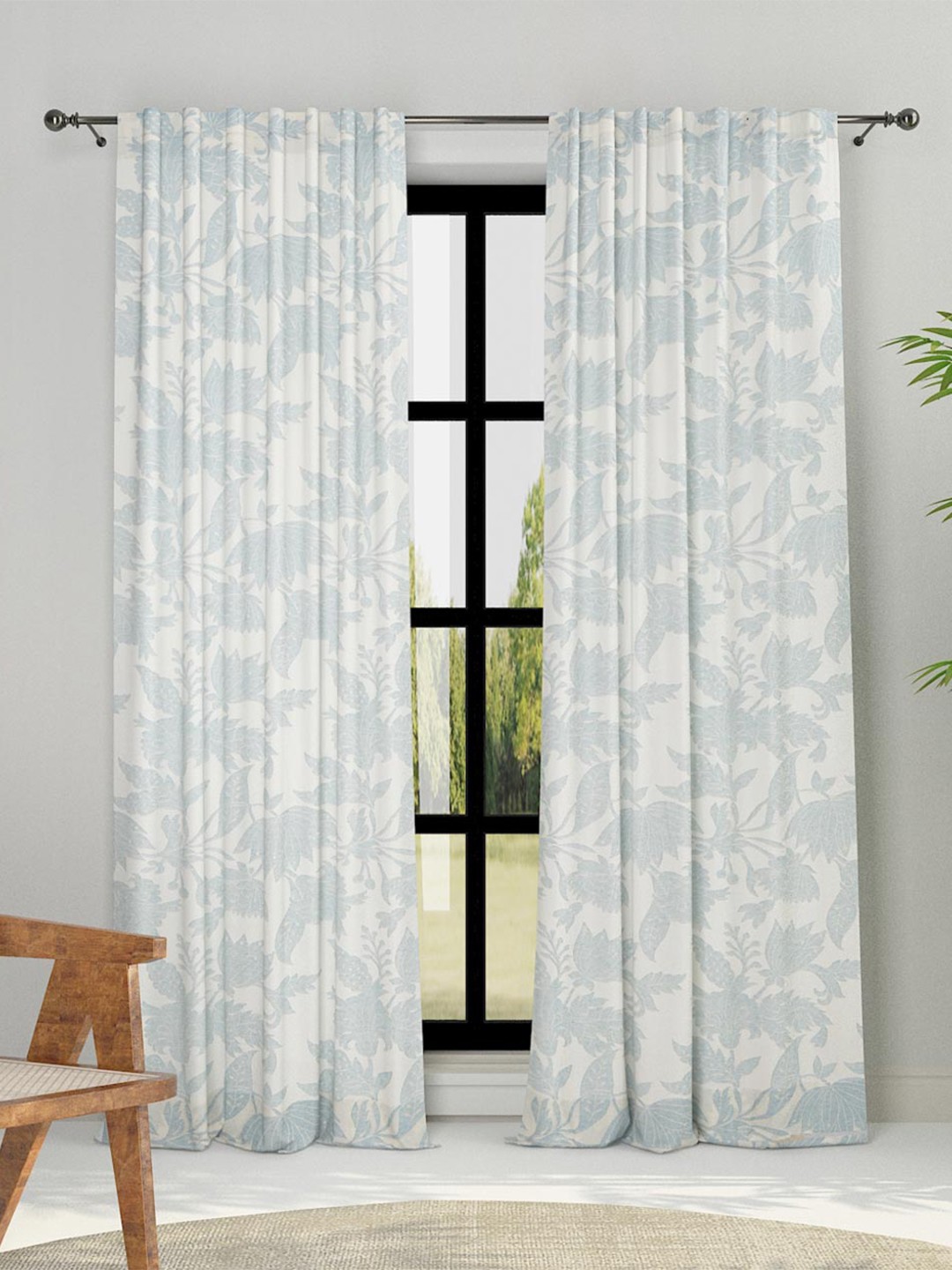 

Fabindia White & Blue Floral Cotton Sheer Door Curtain