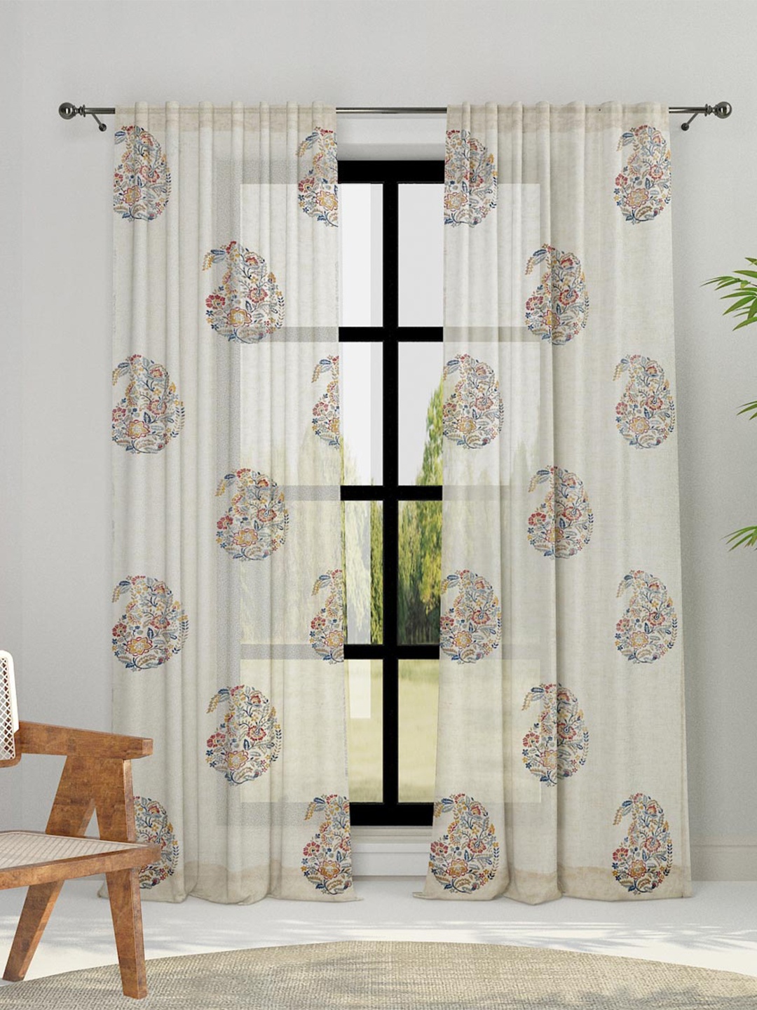

Fabindia Ochre Beige & Blue Ethnic Motifs Cotton Sheer Window Curtain