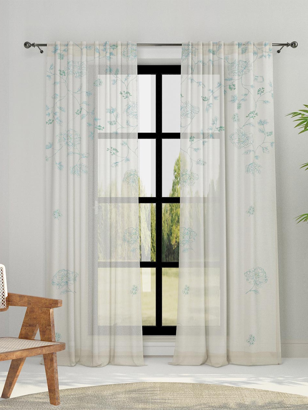 

Fabindia Magnolia White & Blue Embroidered Cotton Sheer Door Curtain