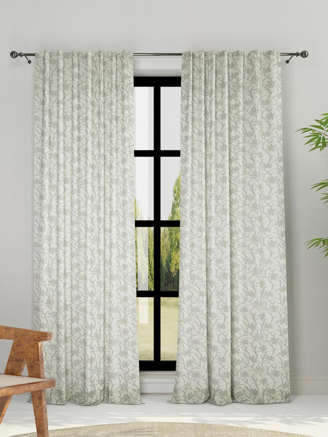

Fabindia Cream & Black Floral Cotton Sheer Door Curtain
