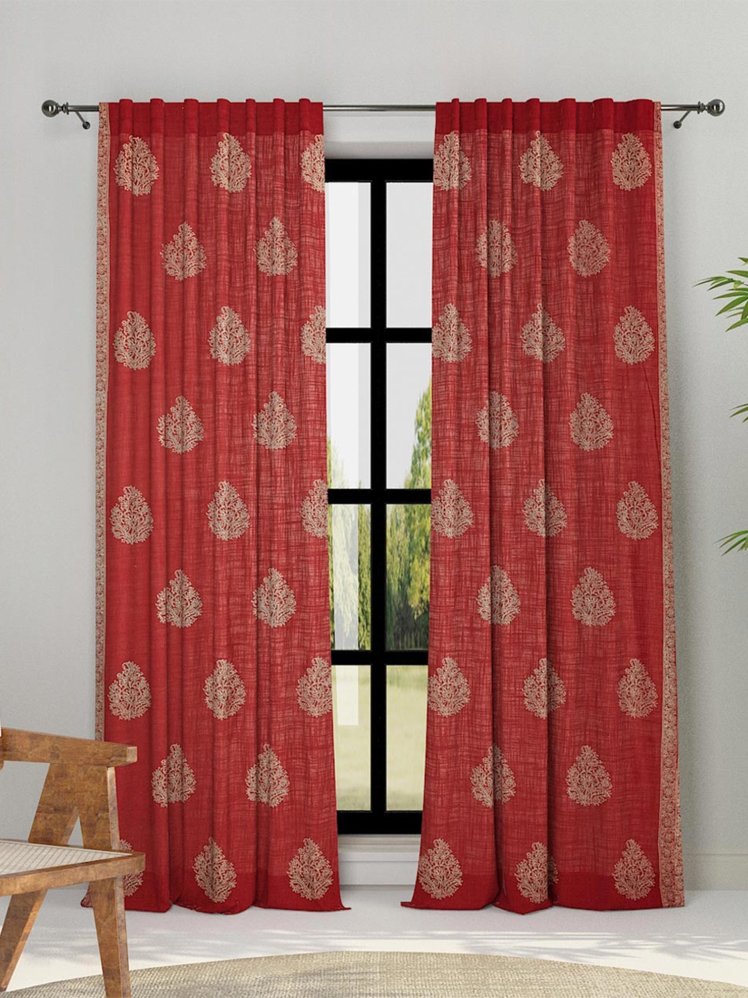 

Fabindia Red & White Ethnic Motifs Cotton Sheer Door Curtain