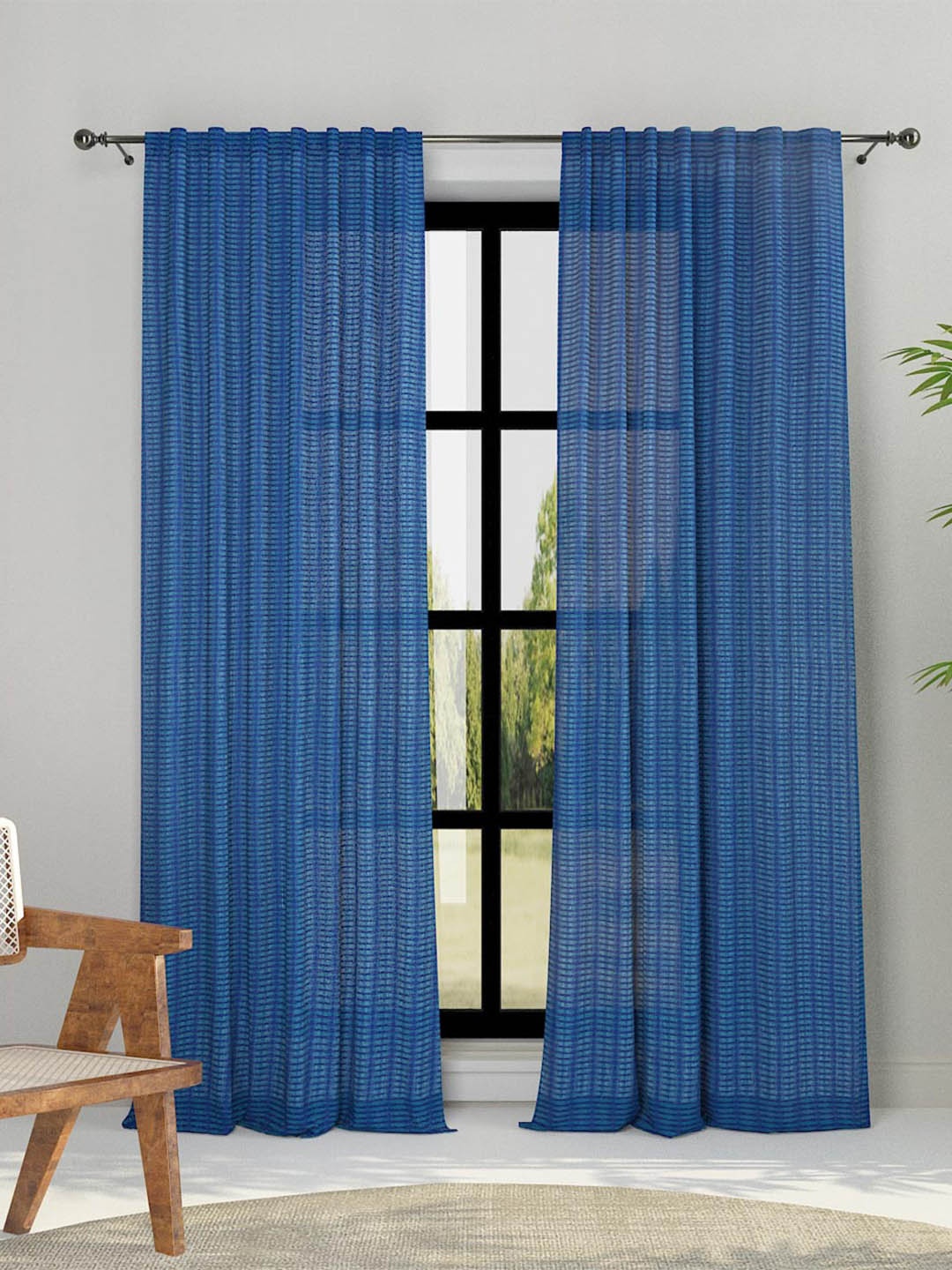 

Fabindia Deepali Blue Striped Cotton Room Darkening Long Door Curtain