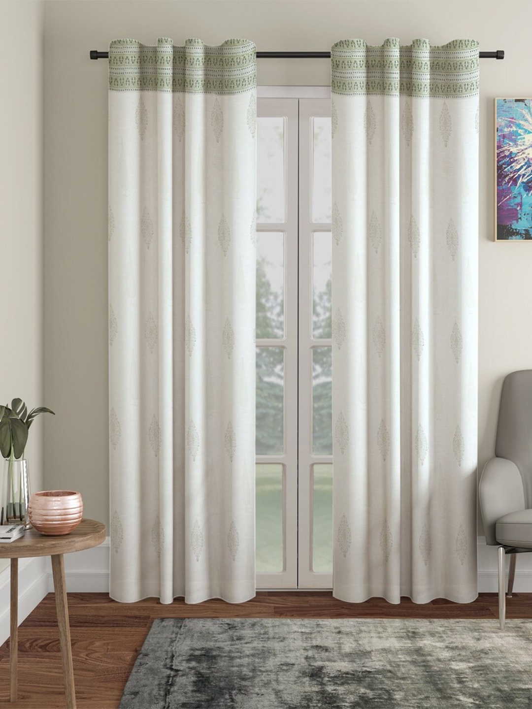 

Fabindia Green & White Ethnic Motifs Sheer Door Curtain