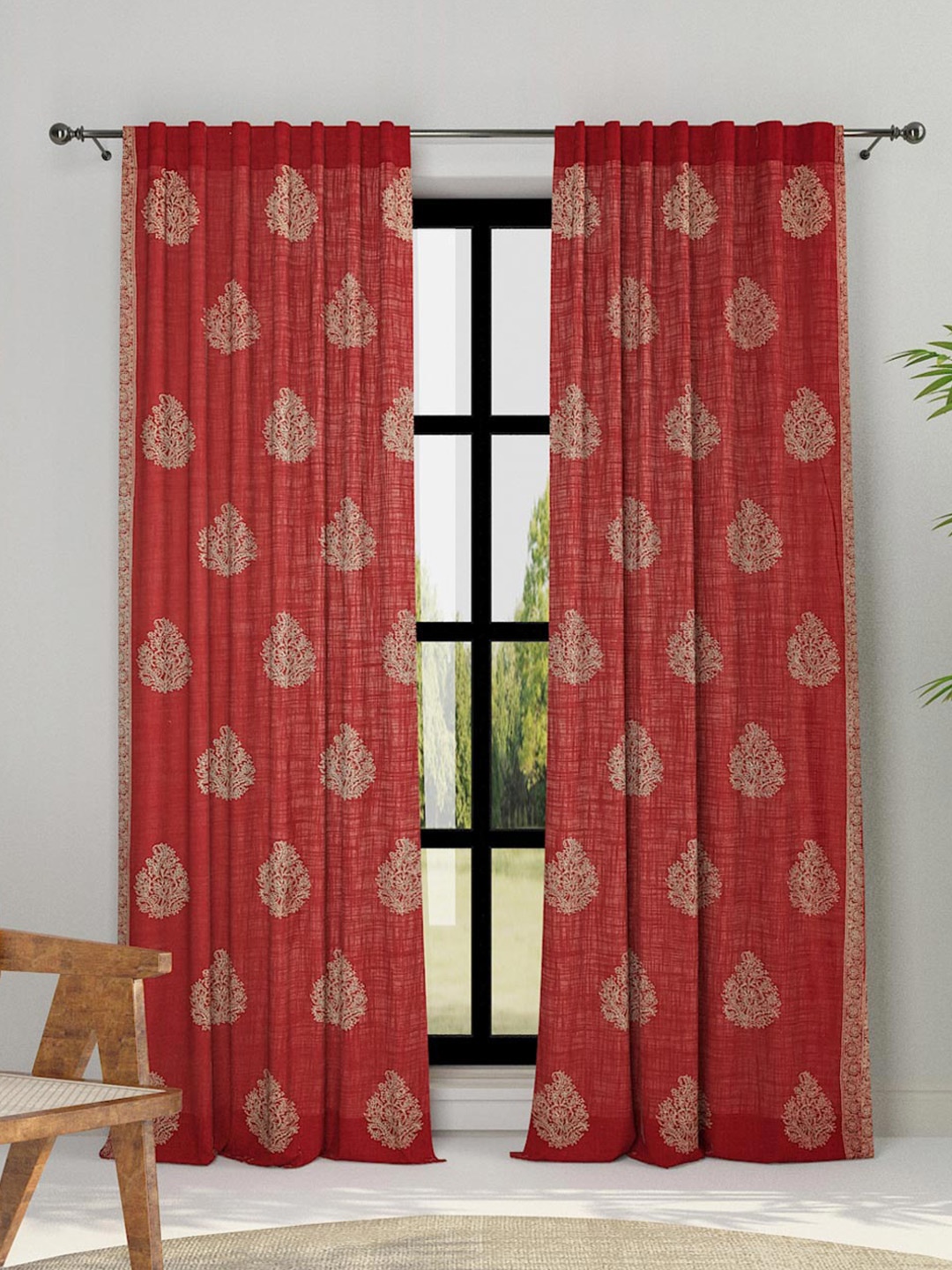 

Fabindia Red & Gold-Toned Ethnic Motifs Sheer Cotton Long Door Curtain