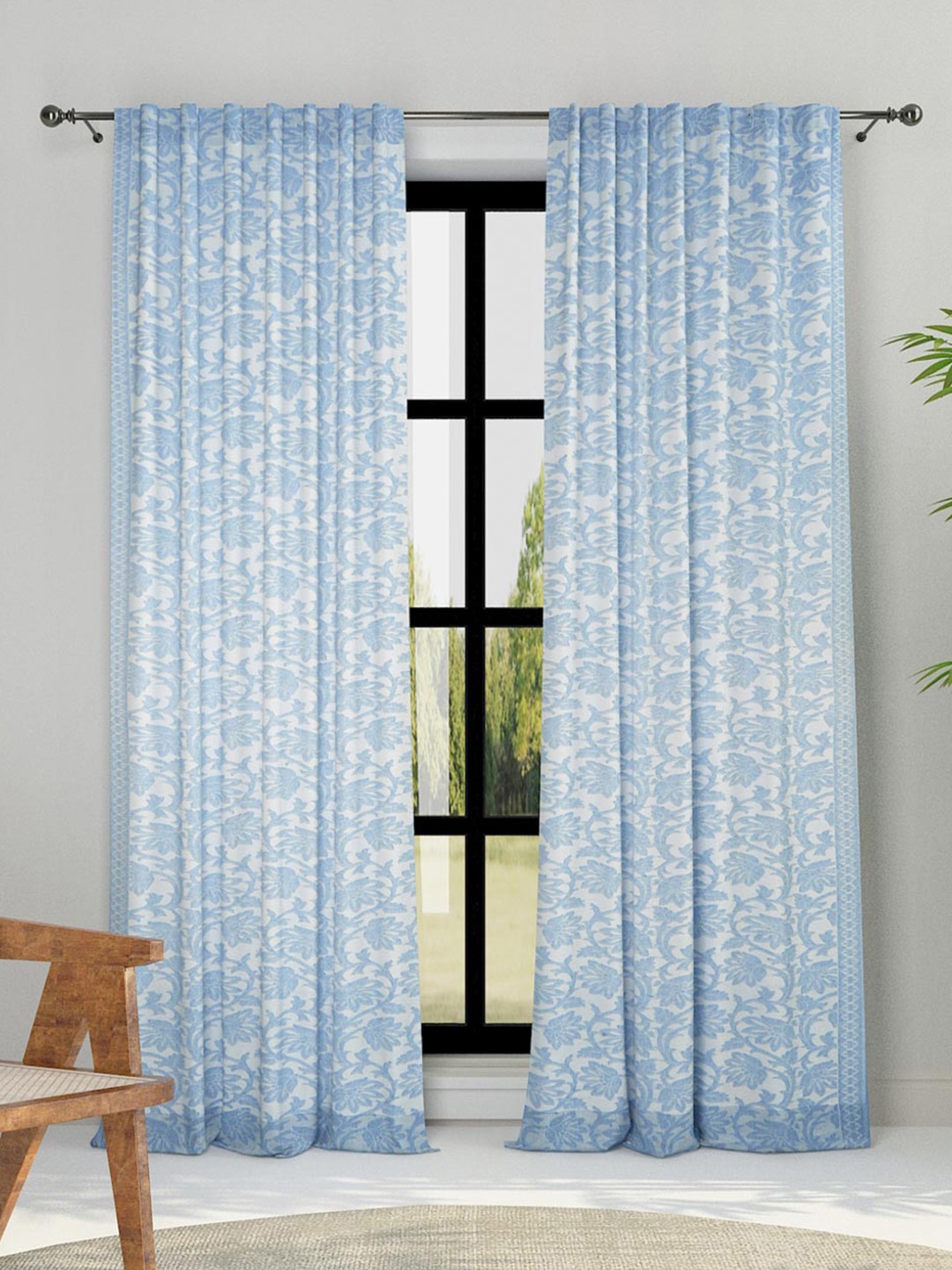 

Fabindia Blue & White Floral Room Darkening Cotton Long Door Curtain