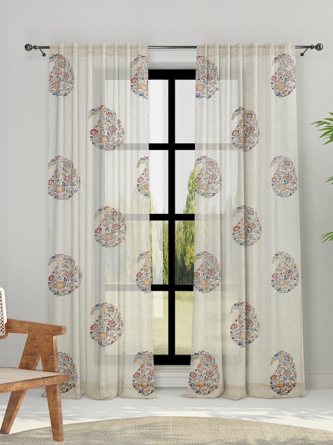 

Fabindia Beige & Blue Ethnic Motifs Printed Cotton Sheer Long Door Curtain