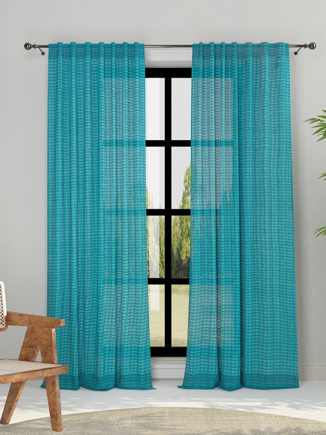 

Fabindia Aqua Deepali Blue Striped Cotton Room Darkening Door Curtain