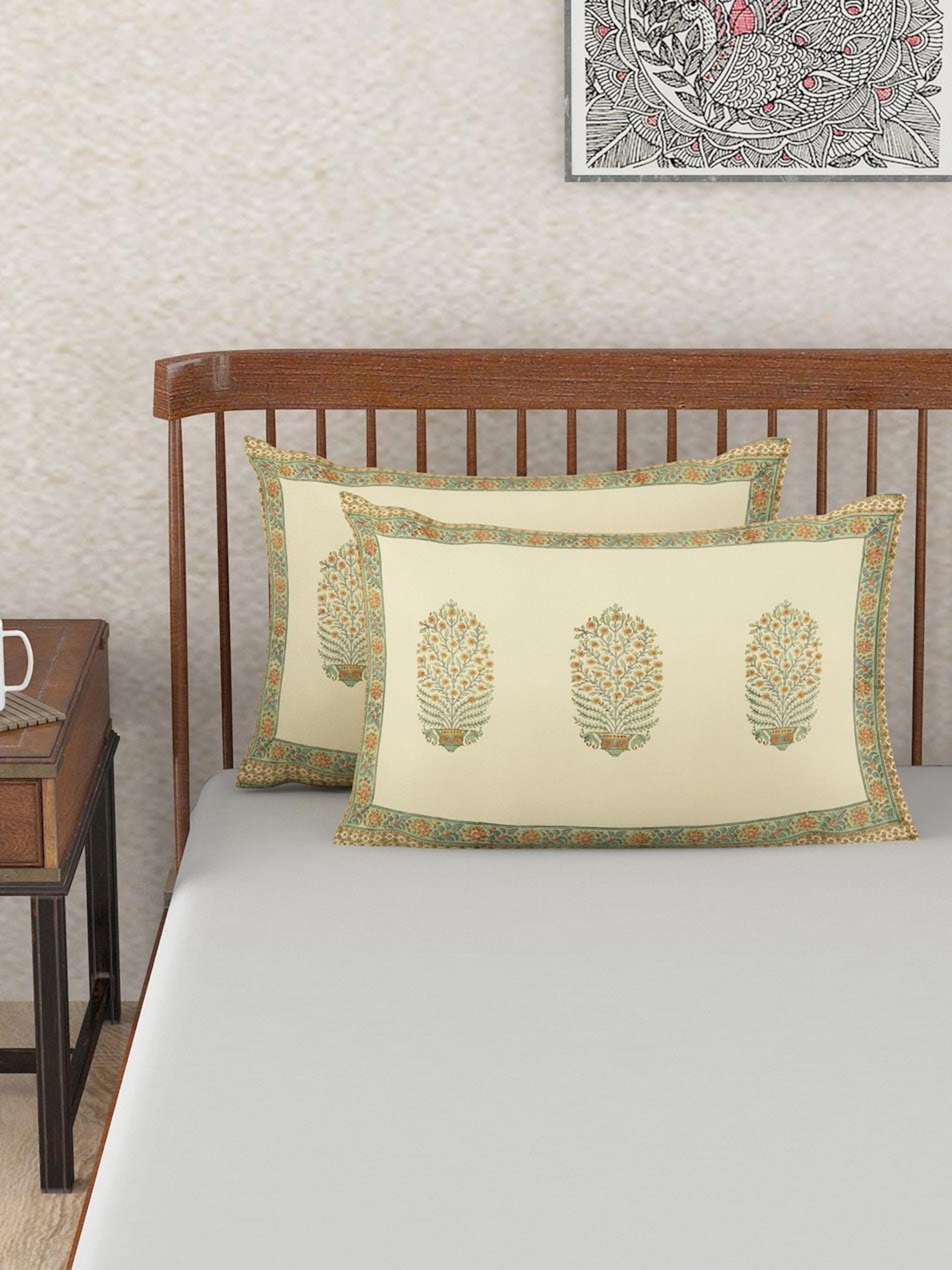 

Fabindia Cream Coloured & Green 2 Pieces Printed Cotton Pillow Covers