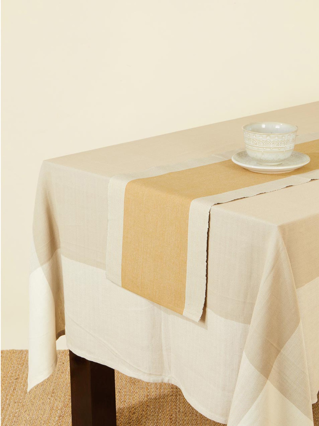 

Fabindia Nadij Mustard Yellow & White Colourblocked Cotton Table Runner