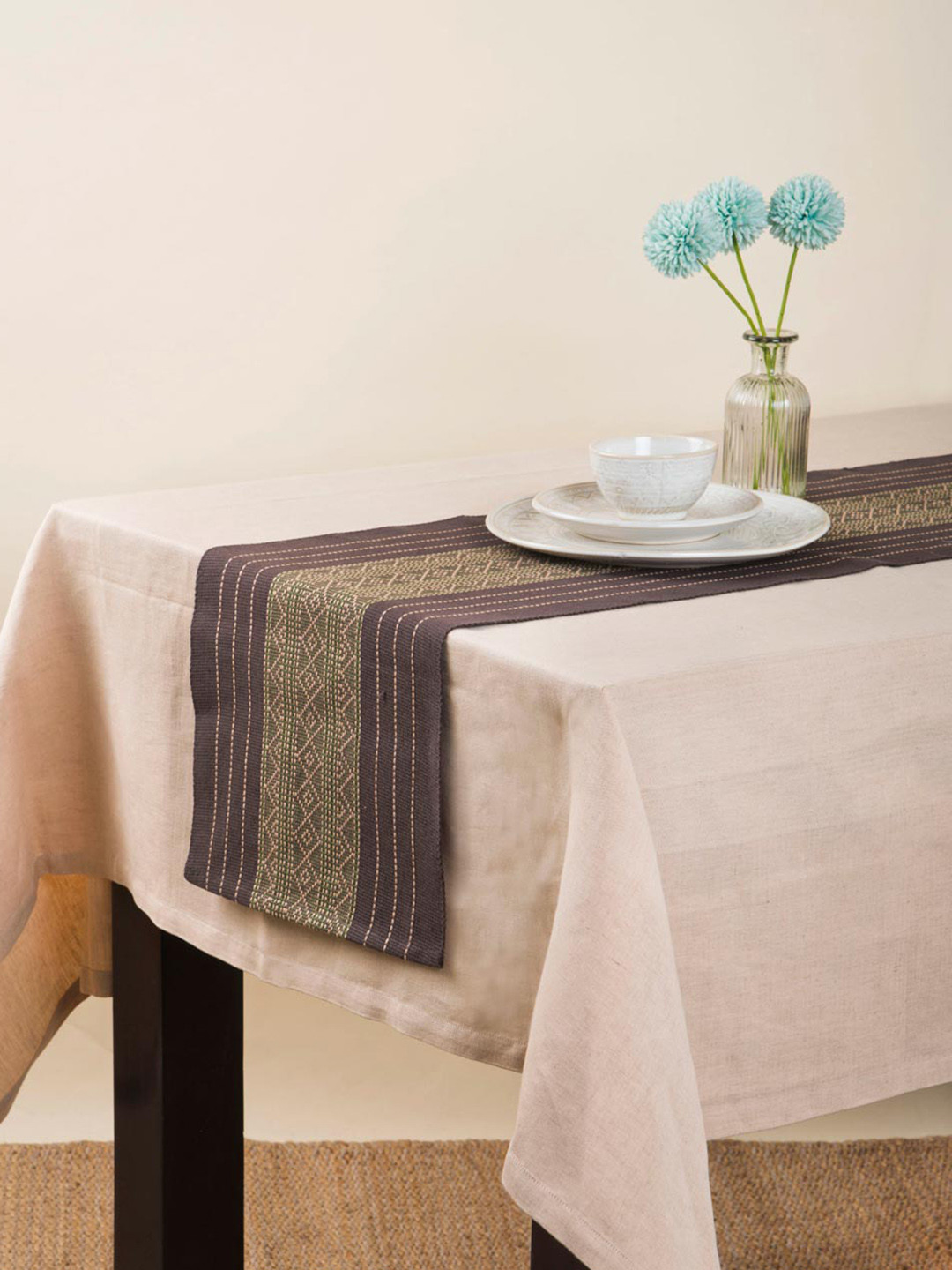 

Fabindia Charcoal & Green Woven-Designed Cotton Table Runner