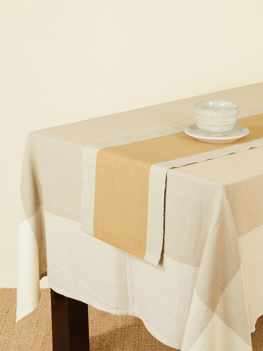 

Fabindia Nadij Mustard & Beige Woven Cotton Table Runner