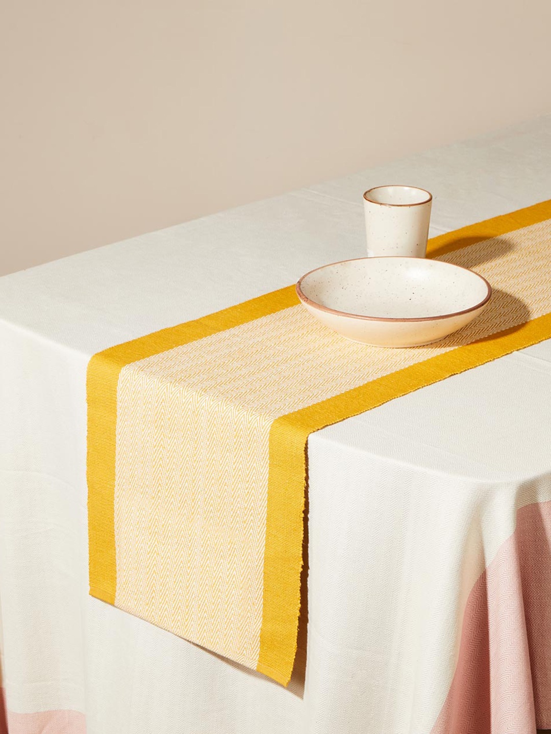 

Fabindia Kislay Mustard Yellow Woven Cotton Table Runner