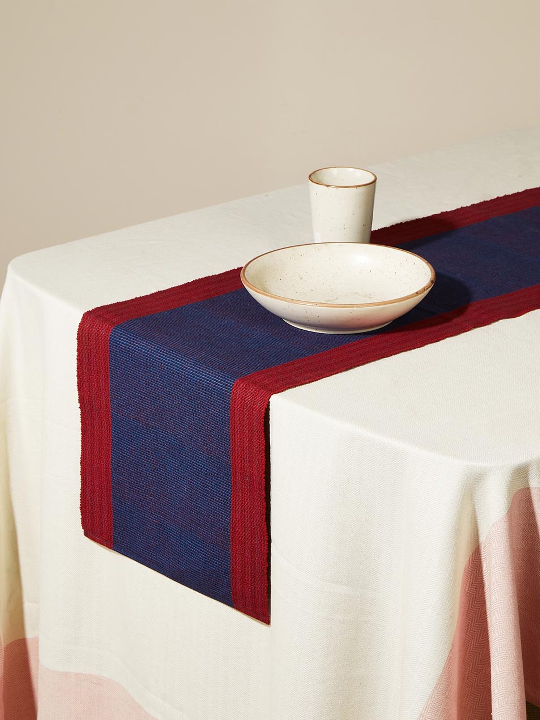 

Fabindia Nadij Indigo Blue & Red Woven Pure Cotton Table Runner, Navy blue