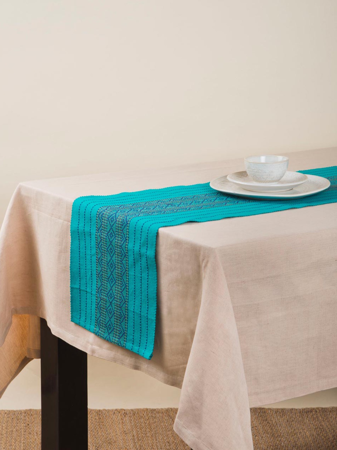 

Fabindia Mirania Turquoise Blue Geometric Woven Pure Cotton Table Runner