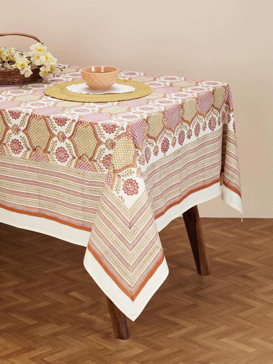 

Fabindia Brown & Green Shaalimar Jaali Printed 6 Seater Cotton Table Cover