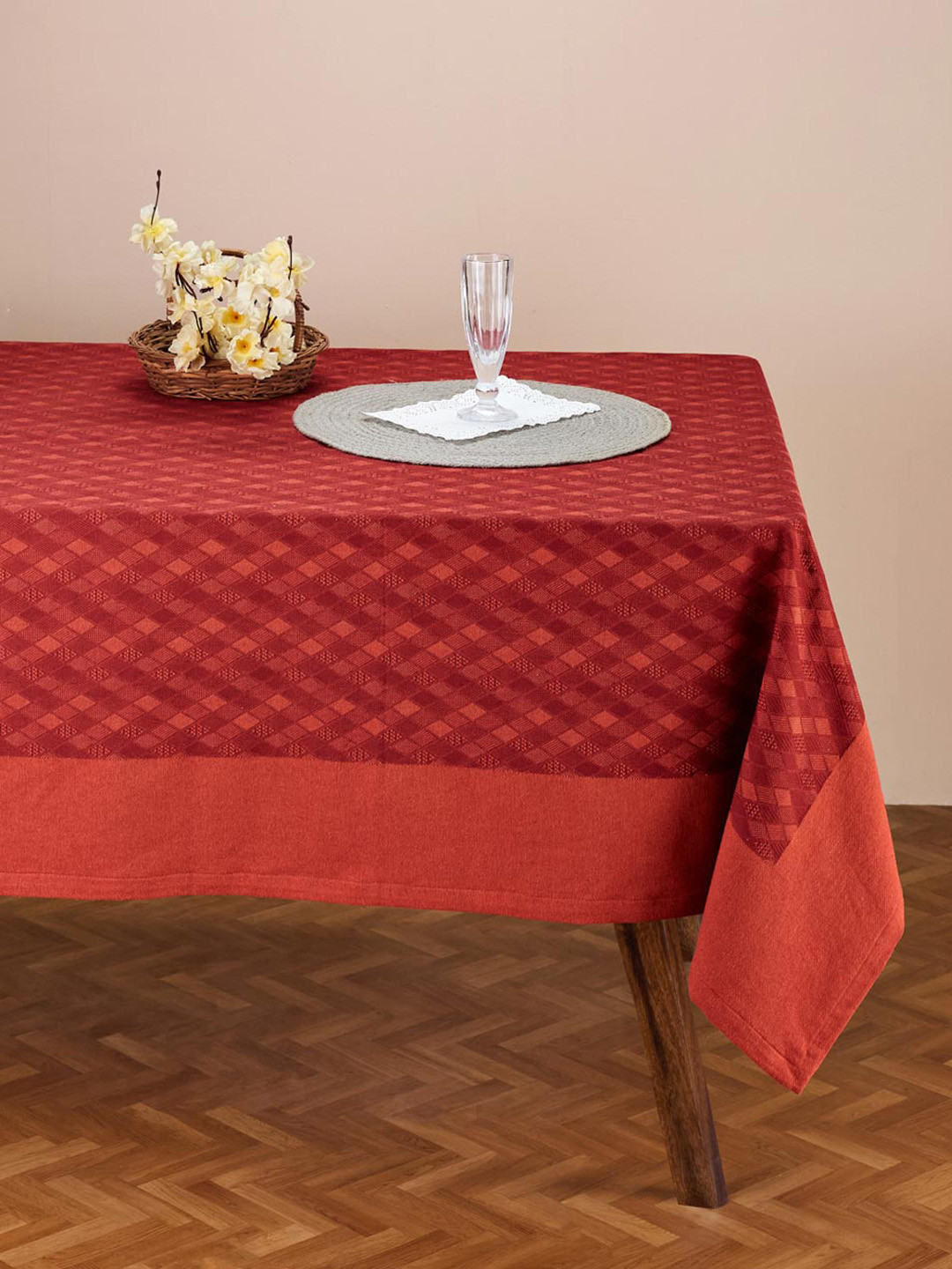 

Fabindia Akira Red Woven-Design Cotton 8-Seater Table Cover