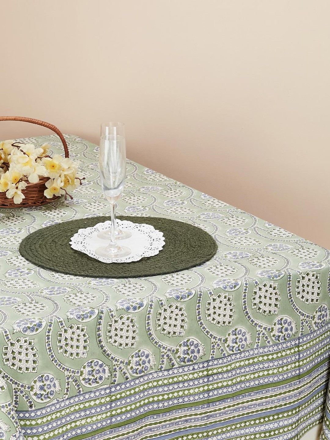 

Fabindia Shaalimar Anaar Green Printed Cotton 6-Seater Table Cover