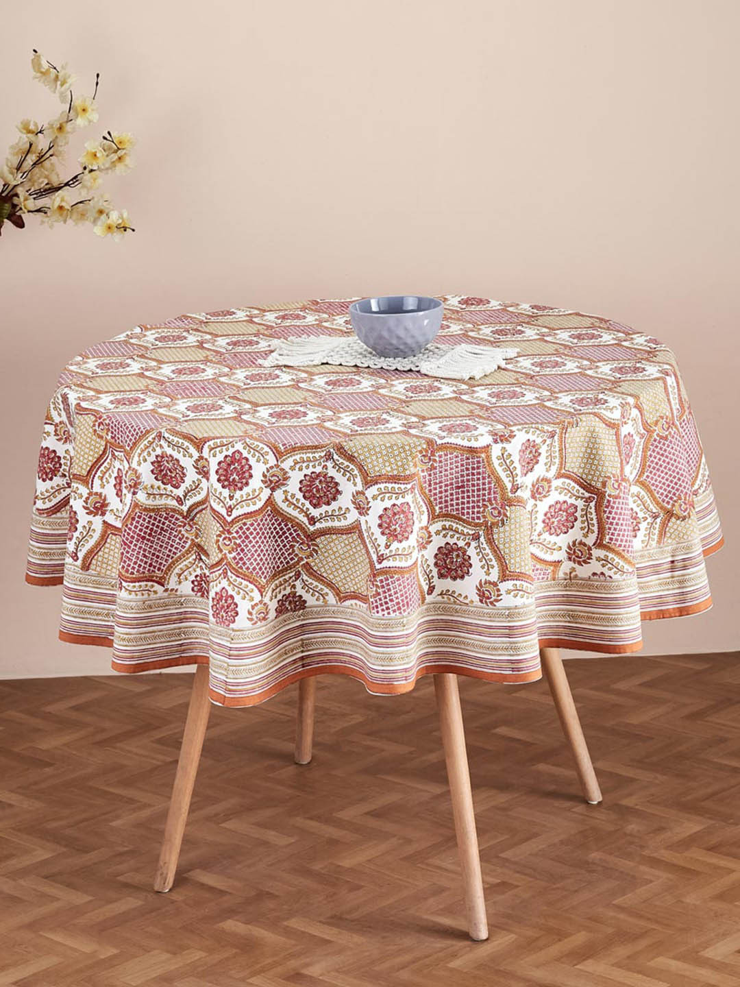 

Fabindia Shaalimar Red Jaali Printed Cotton Round 6 Seater Table Cover