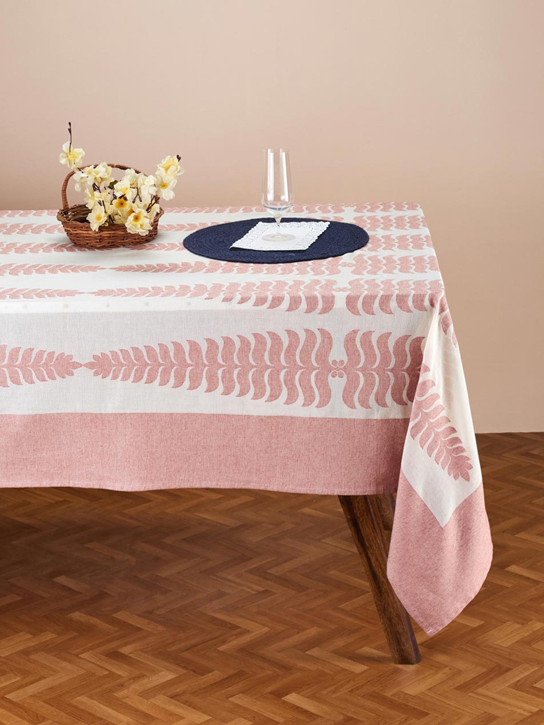 

Fabindia Natural Amara White & Pink Woven Cotton 6 Seater Table Cover