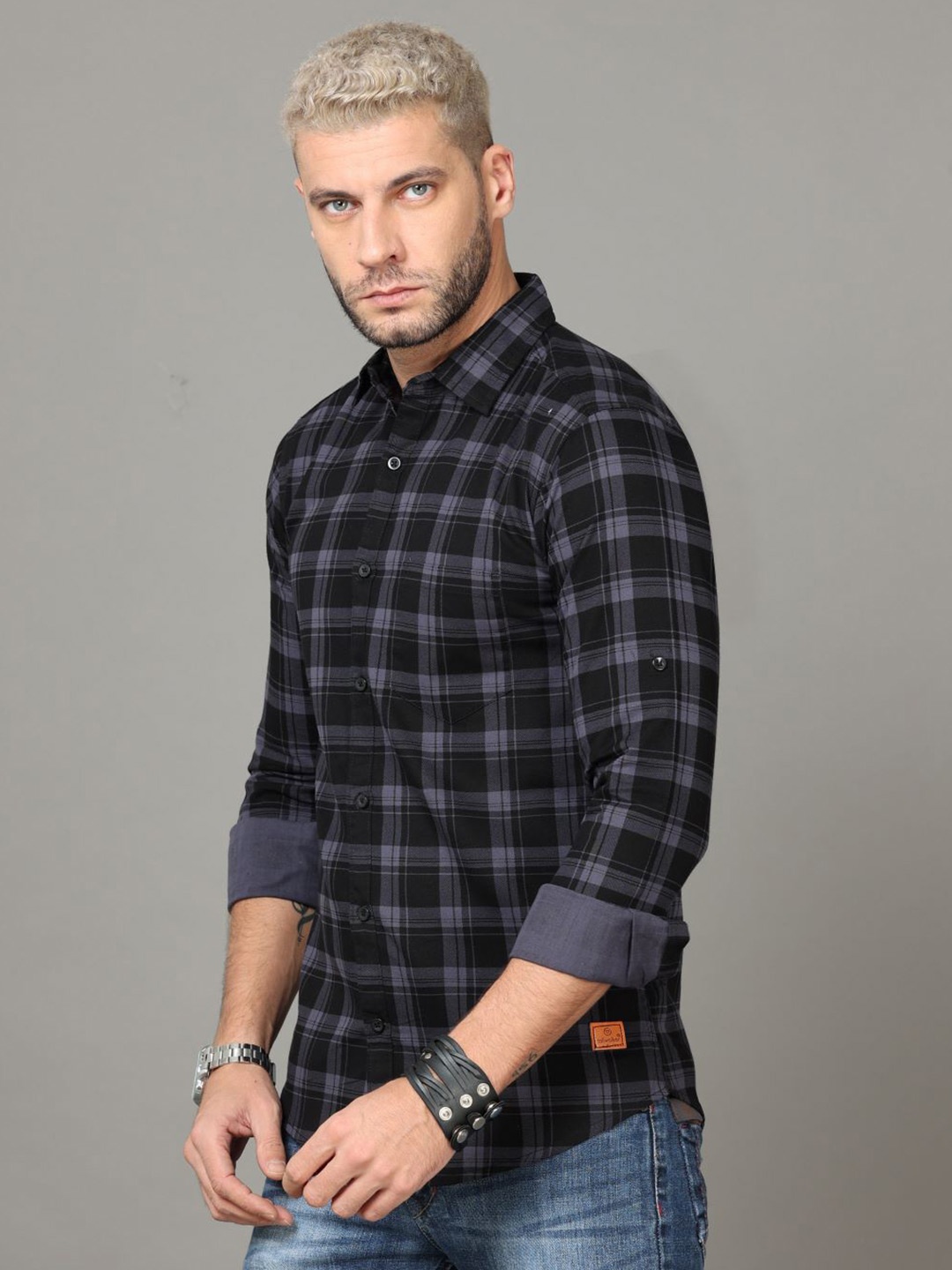 

Tallwalker Tartan Checks Standard Slim Fit Cotton Casual Shirt, Grey