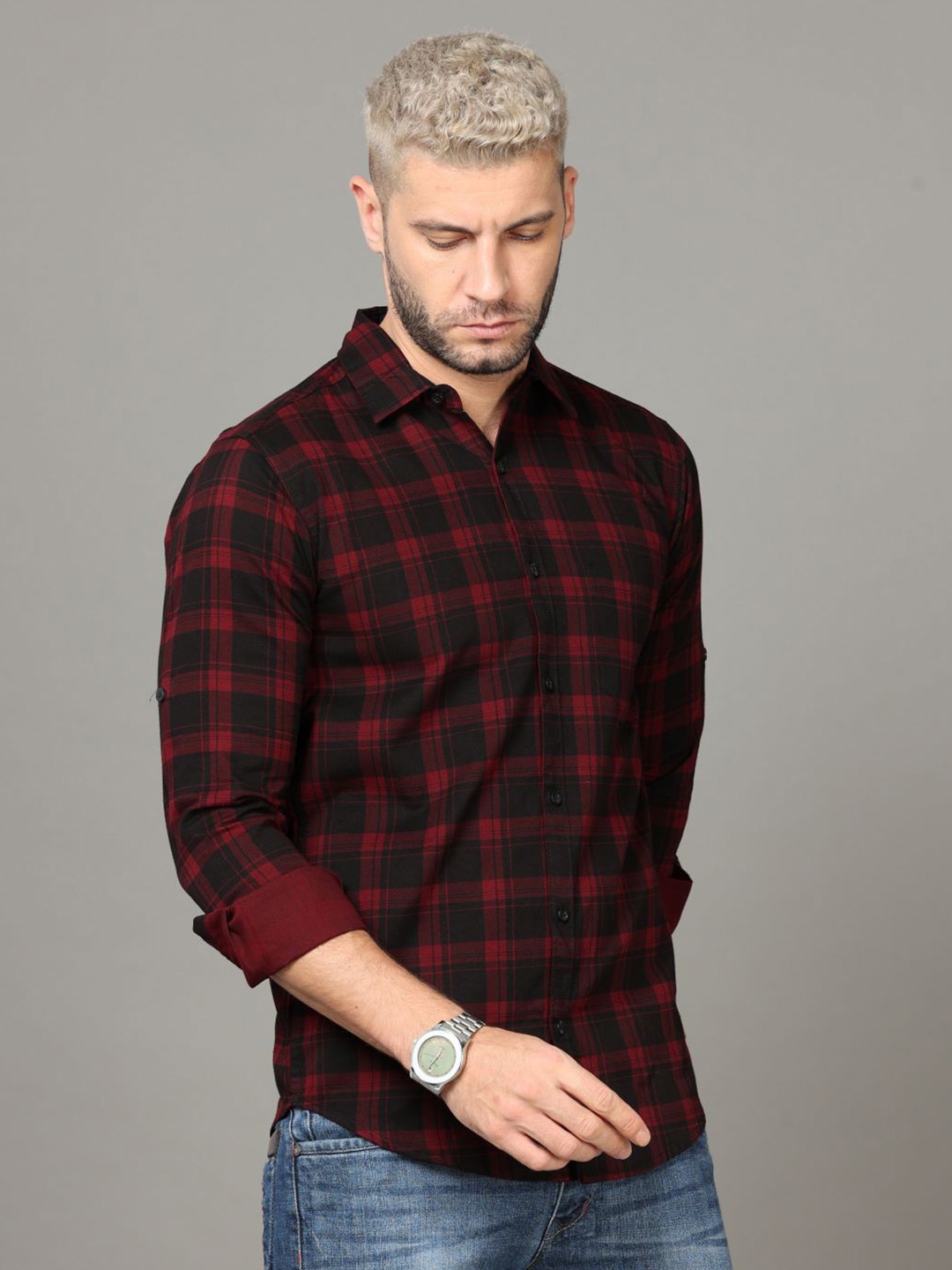 

Tallwalker Tartan Checks Standard Slim Fit Cotton Casual Shirt, Red