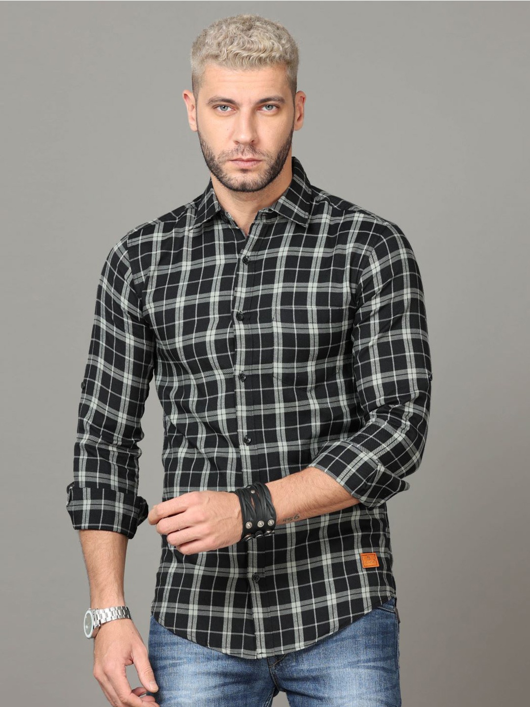 

Tallwalker Tartan Checks Standard Slim Fit Cotton Casual Shirt, Black