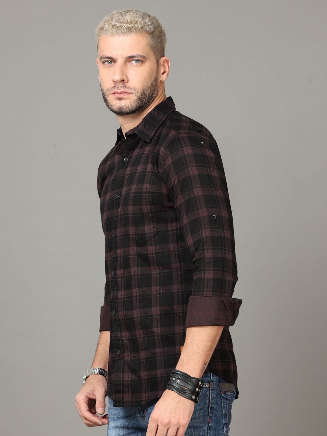 

Tallwalker Tartan Checks Standard Slim Fit Cotton Casual Shirt, Brown