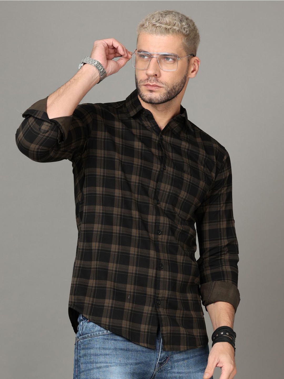 

Tallwalker Tartan Checks Standard Slim Fit Cotton Casual Shirt, Green