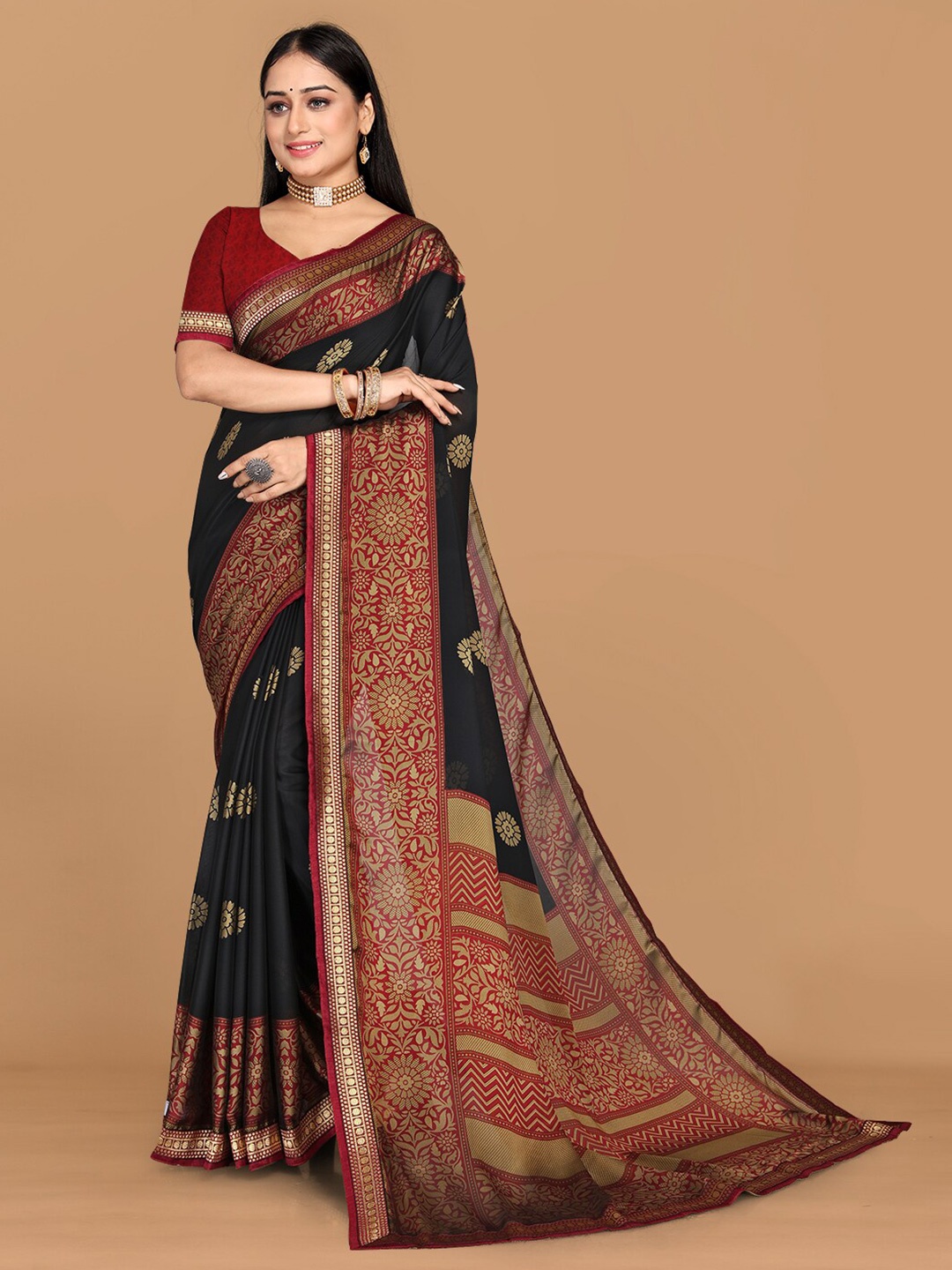 

KALINI Floral Printed Pure Georgette Saree, Black