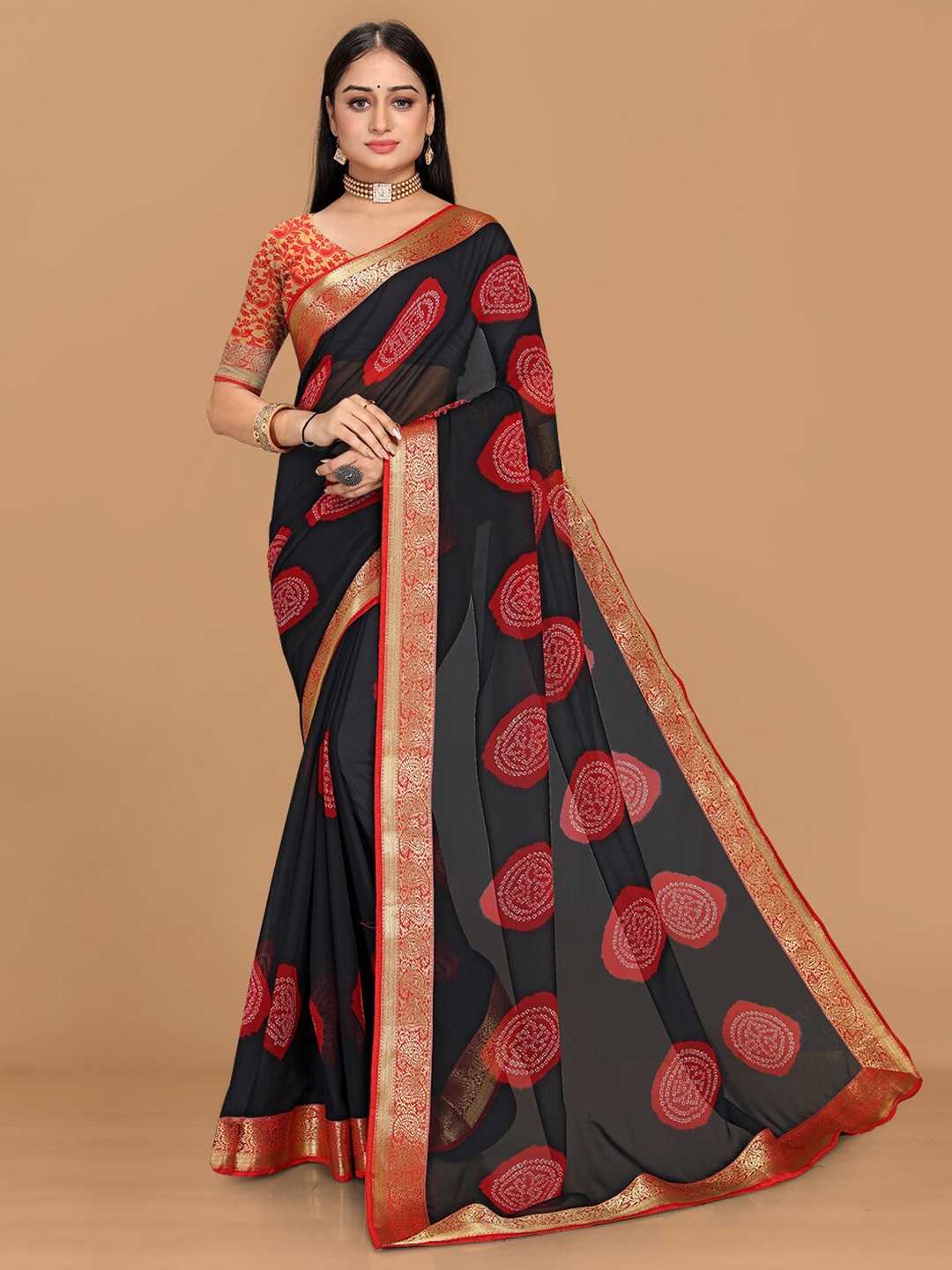 

KALINI Floral Zari Pure Georgette Saree, Black