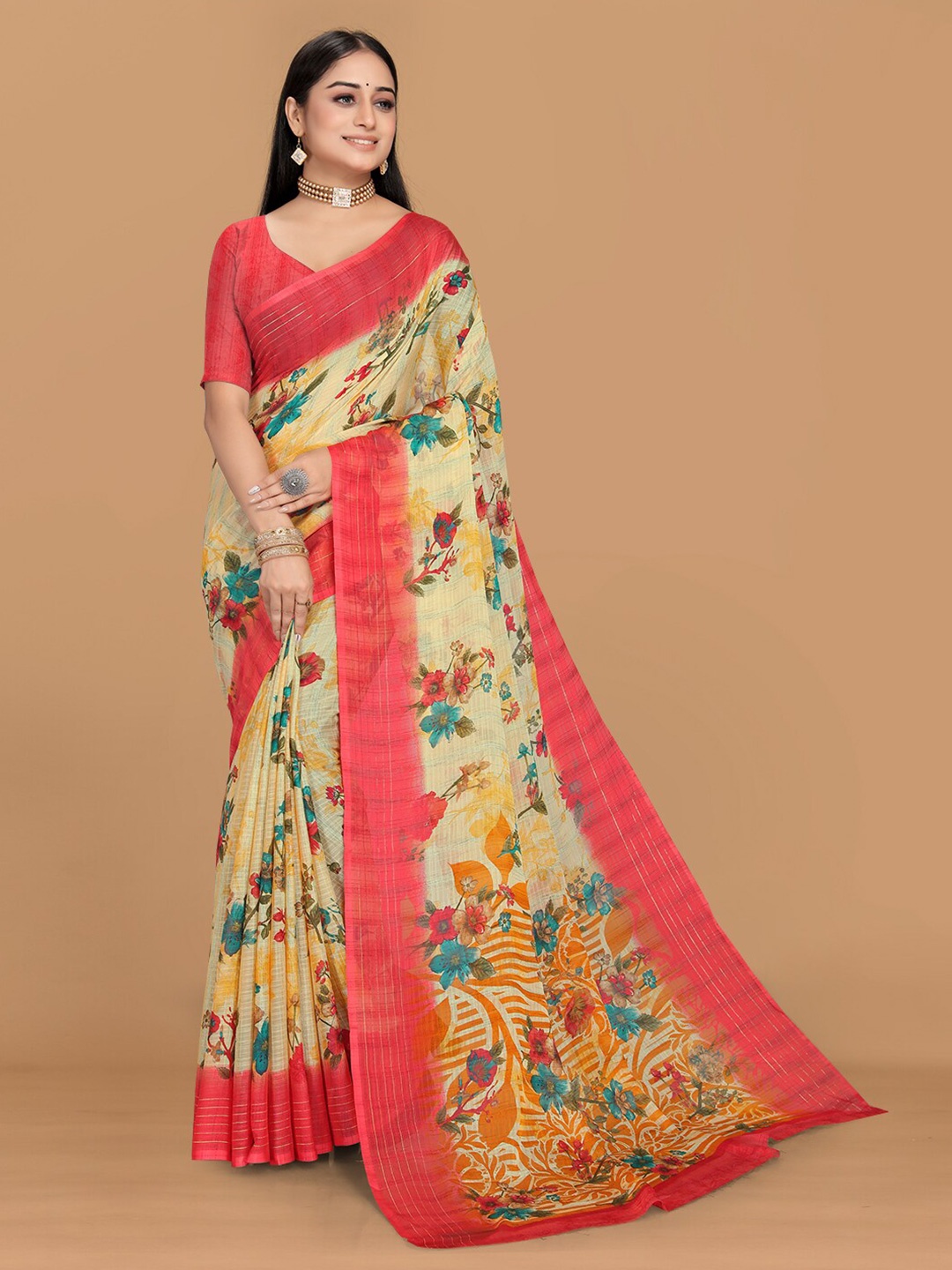 

KALINI Floral Printed Pure Georgette Saree, Beige