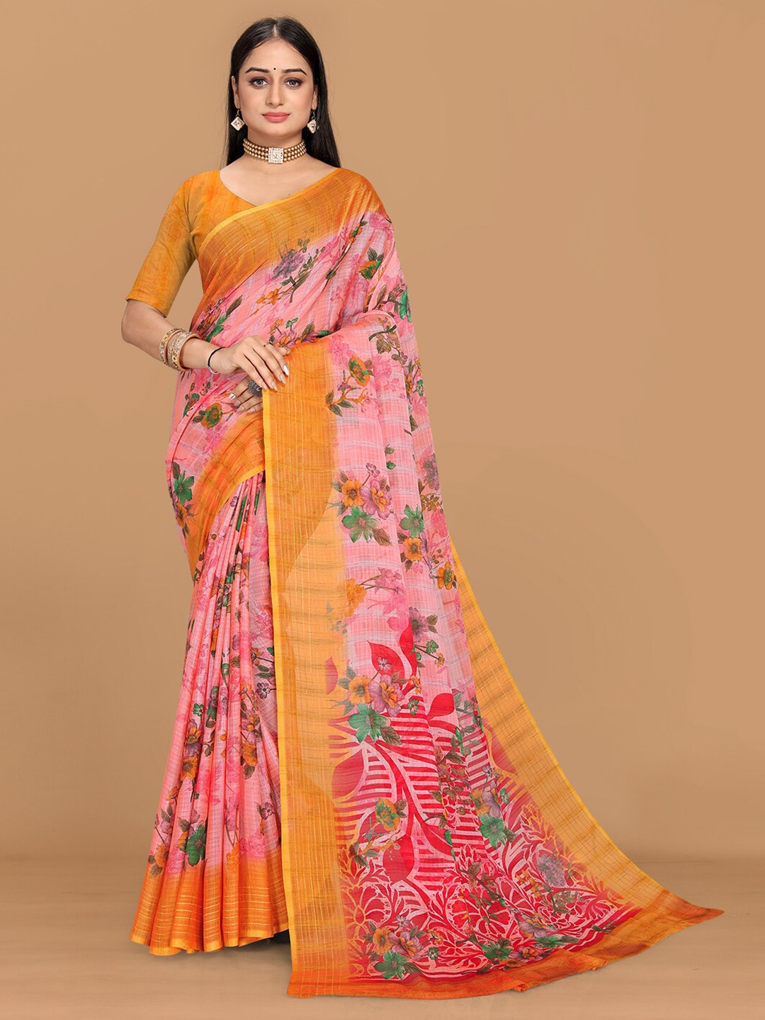 KALINI Floral Printed Pure Georgette Saree, Pink