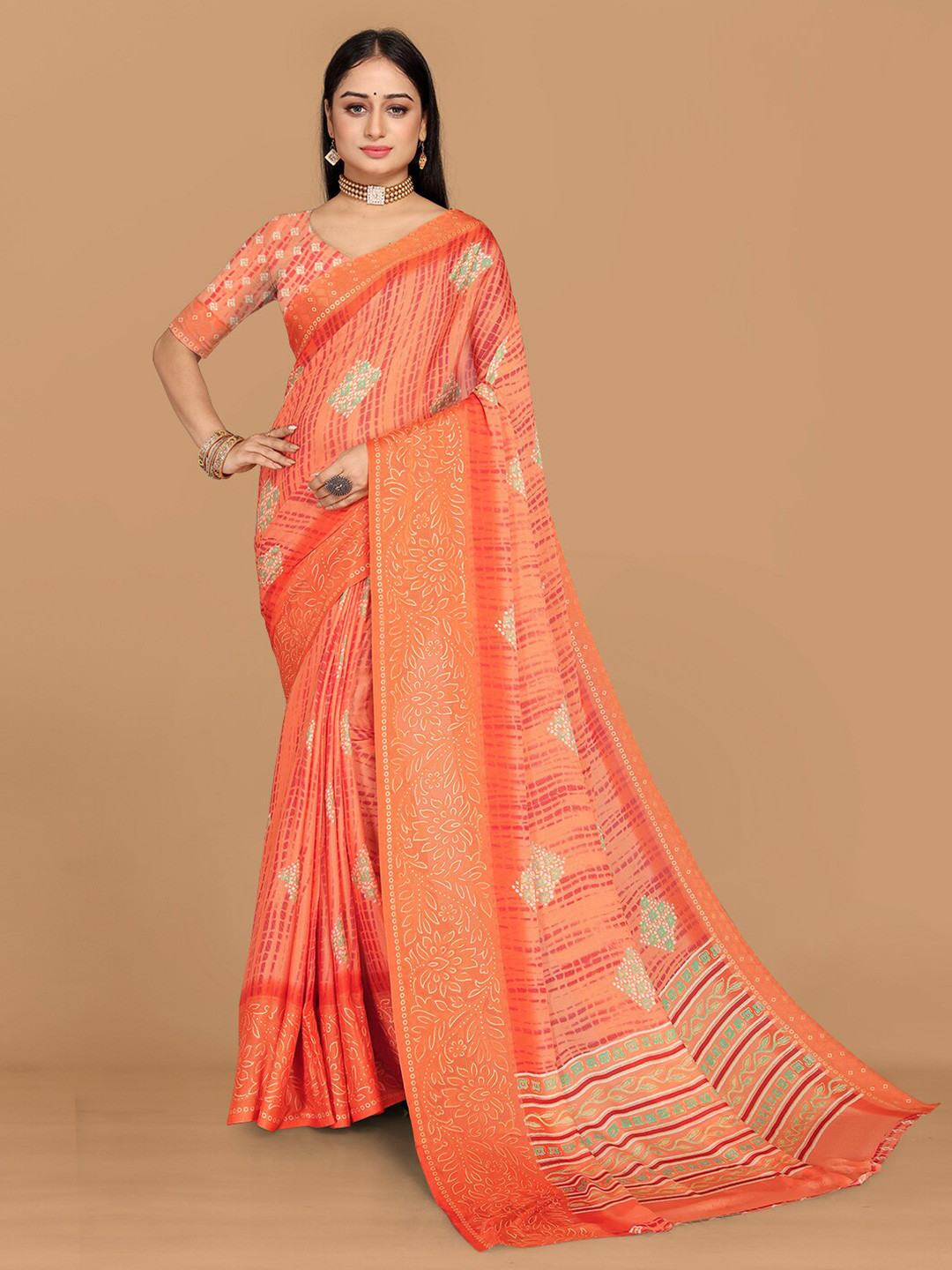

KALINI Floral Pure Georgette Saree, Peach