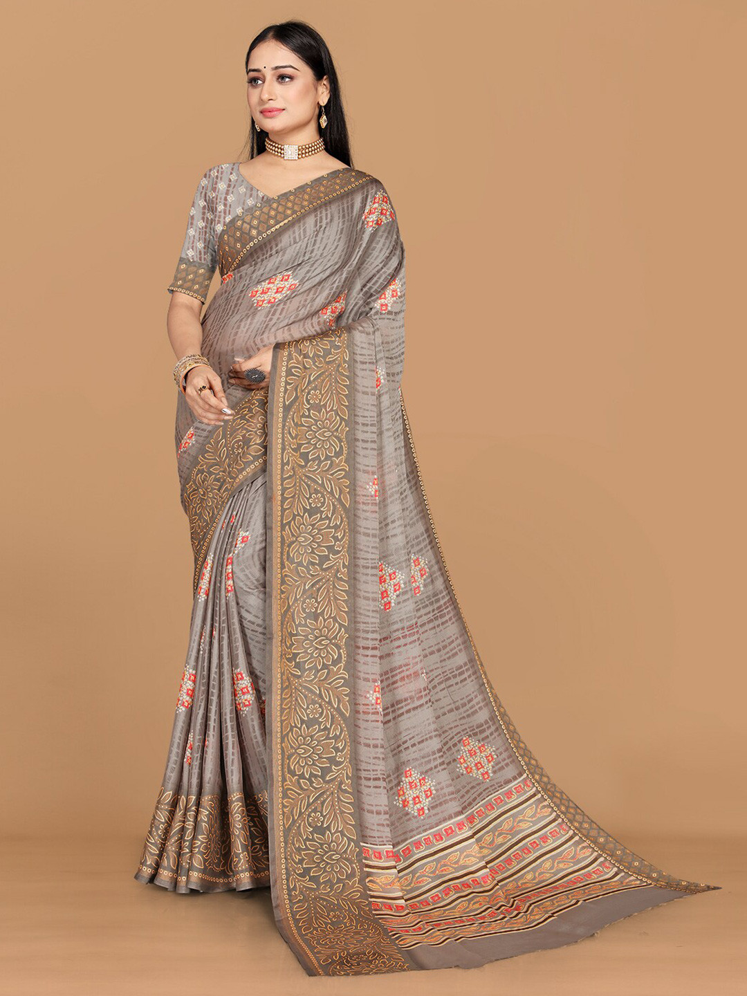 

KALINI Floral Pure Georgette Saree, Grey