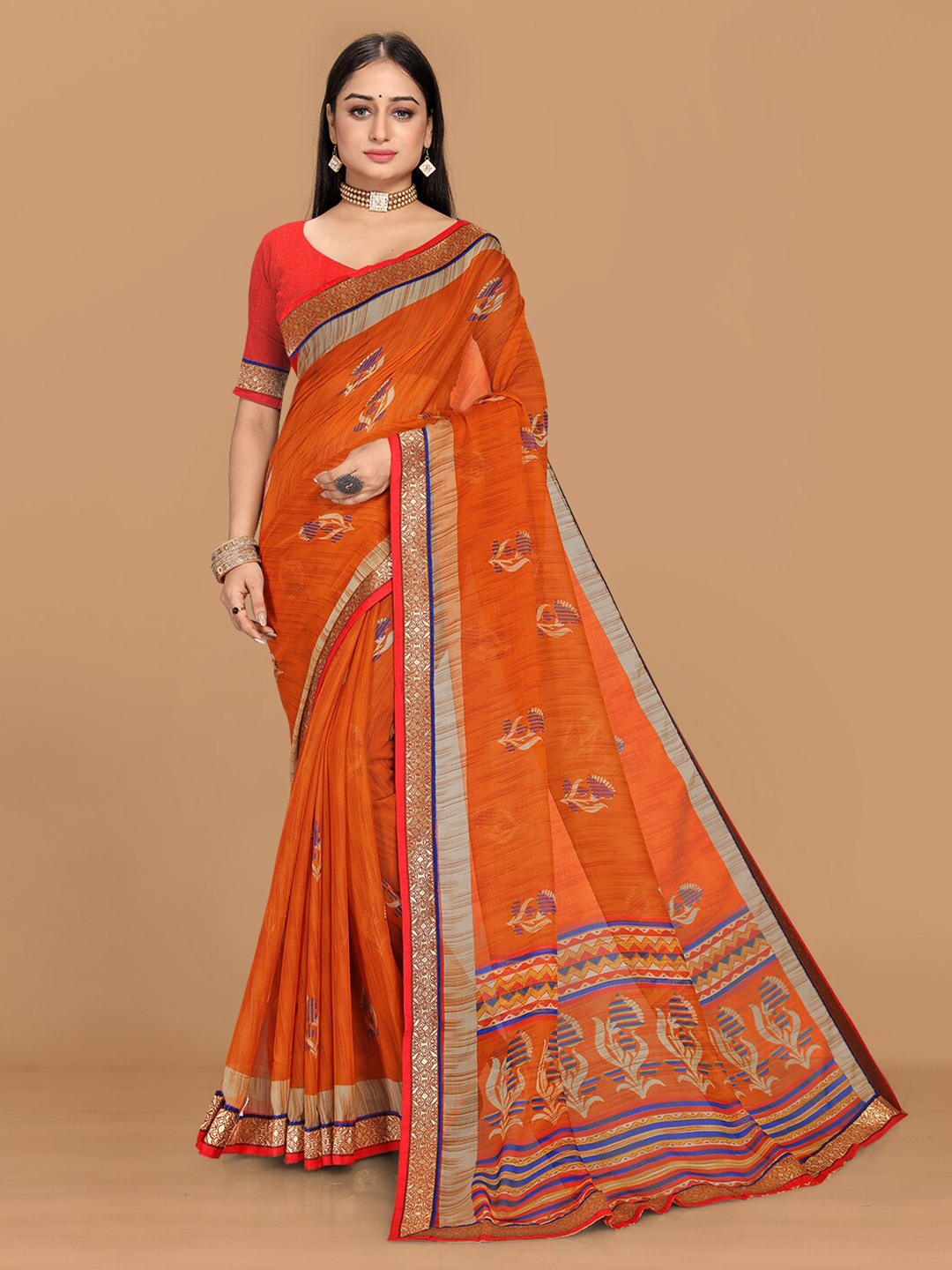

KALINI Floral Zari Pure Georgette Saree, Orange