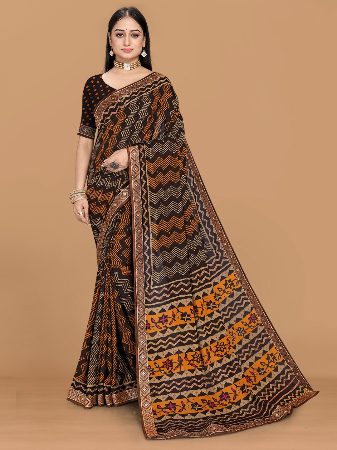 

KALINI Leheriya Zari Pure Georgette Saree, Brown
