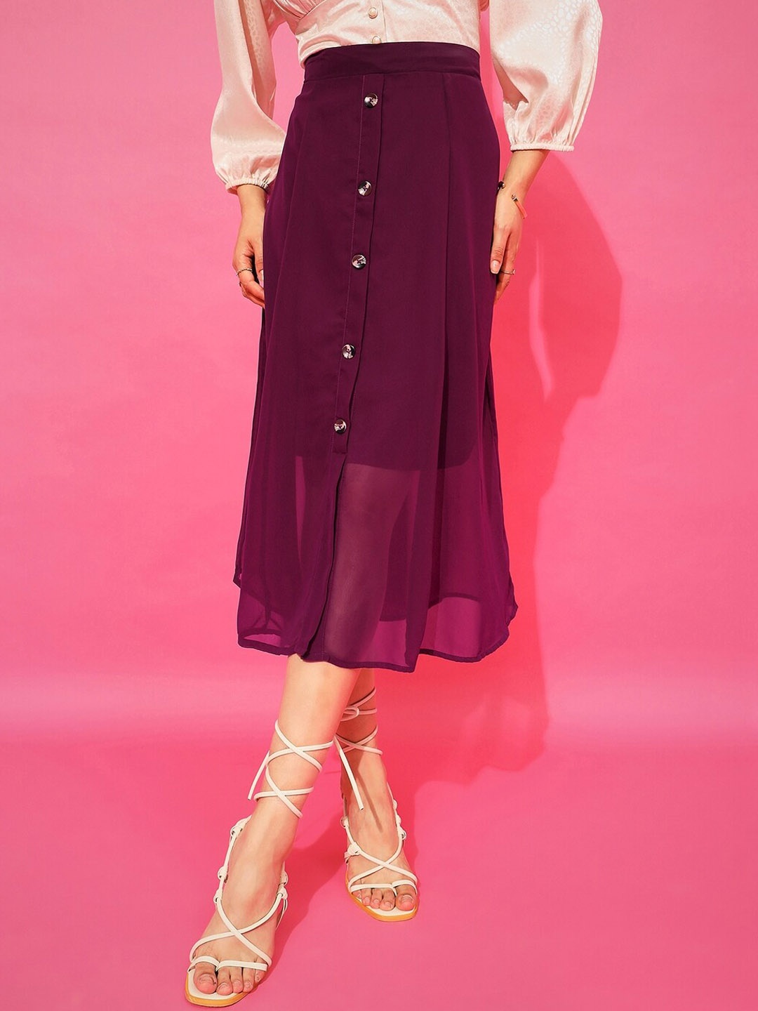 

Purple Feather Georgette Midi Flared Skirt, Maroon
