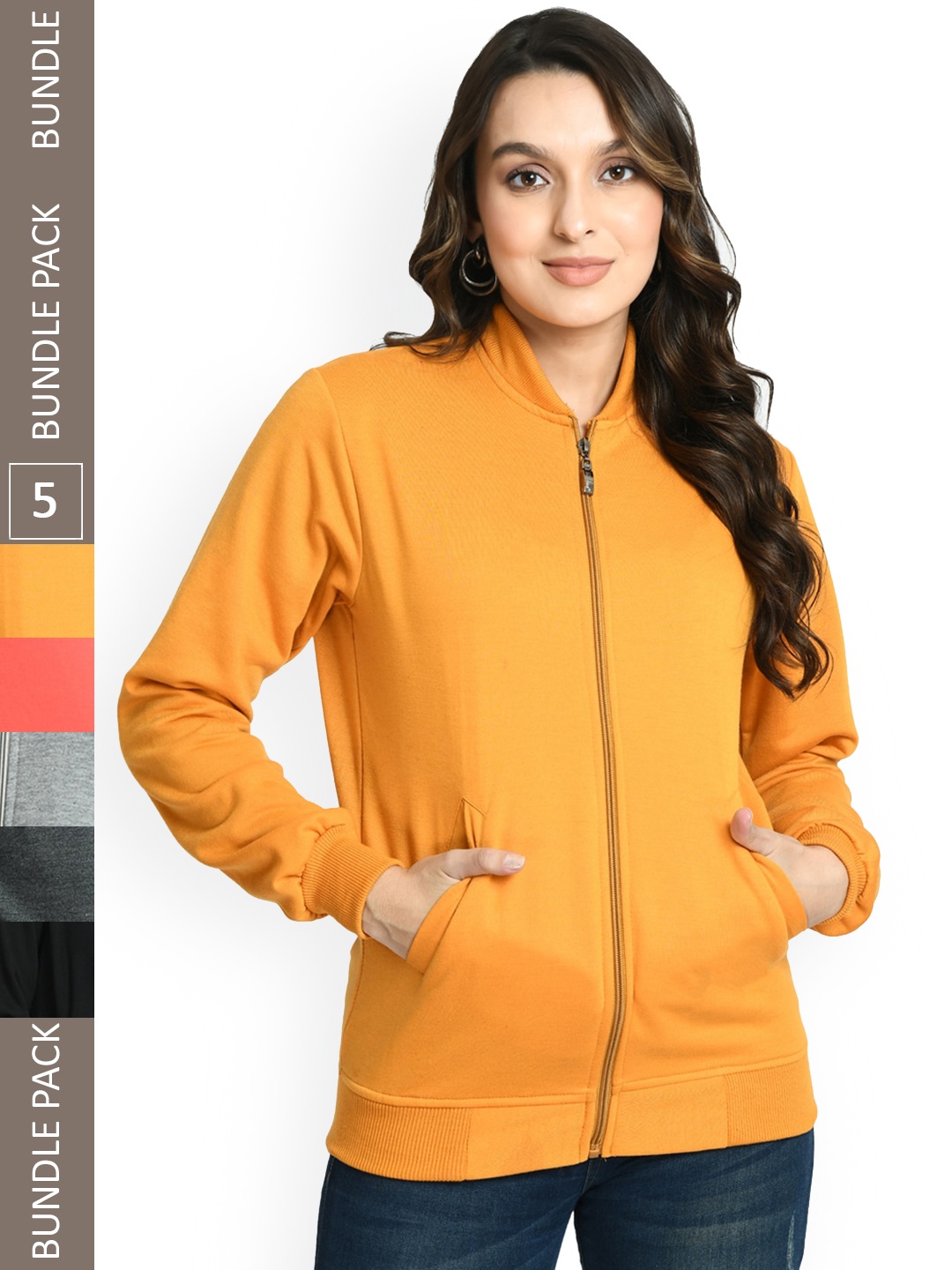 

IndiWeaves Pack of 5 Stand Collar Fleece Light Weight Open Front Jackets, Yellow