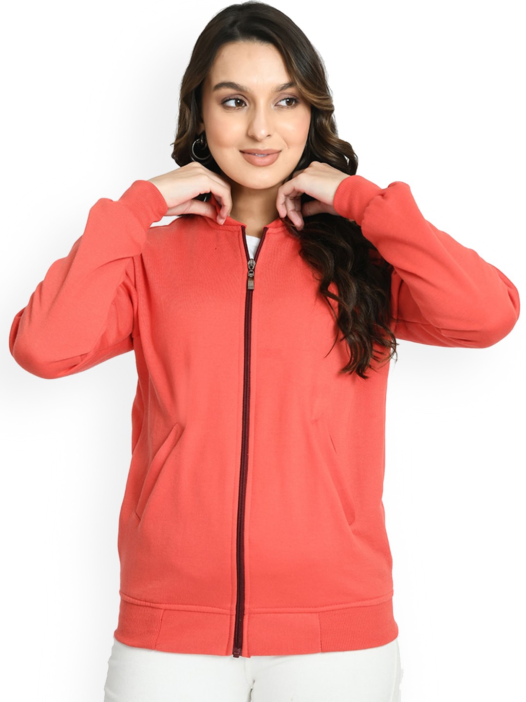 

IndiWeaves Stand Collar Fleece Light Weight Open Front Jacket, Coral