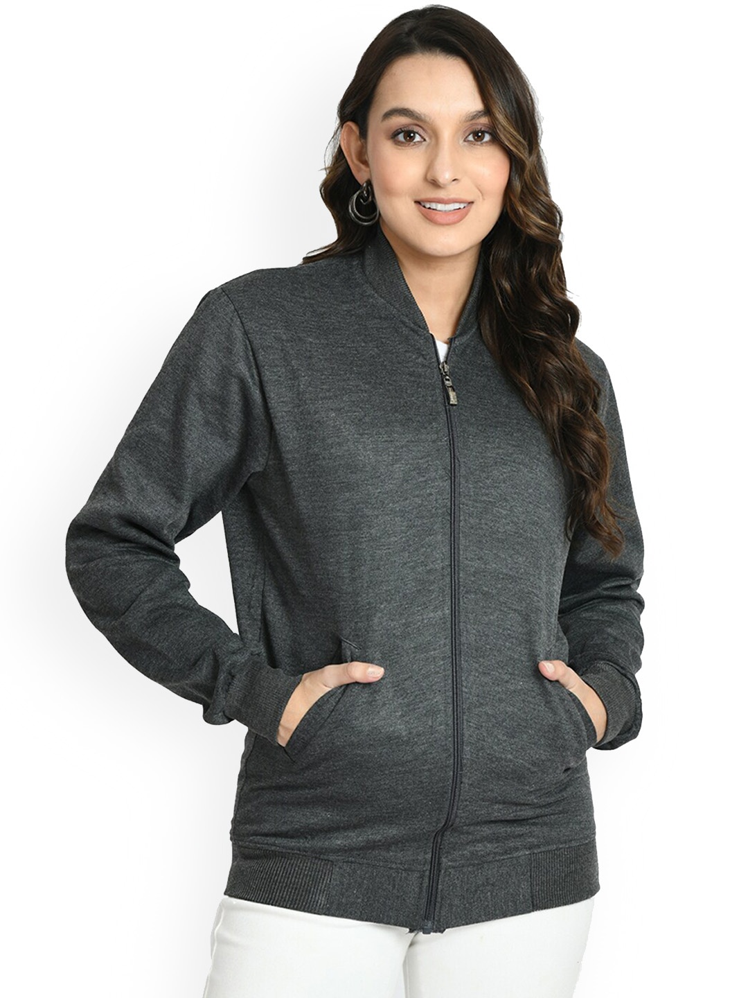 

IndiWeaves Stand Collar Fleece Light Weight Open Front Jacket, Grey
